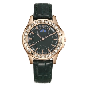 Montre À Quartz Pour Femme Élégante Alliage Or Rose Lunette En Zircon Affichage Phase De Lune Bracelet Cuir Synthétique Mode