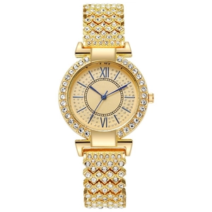 Elegant gold ladies watch with full rhinestone inlay and blue Roman numeral dial display