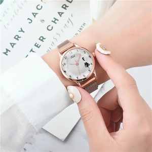 Women's rose gold magnetic strap watch with cat pattern dial and Milanese mesh band