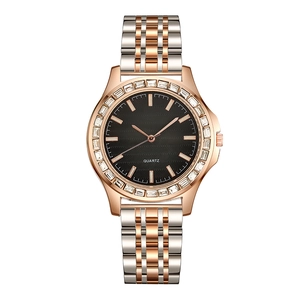 Women Quartz Watch Bicolor Stainless Steel Strap Rhinestone Bezel Business Casual Fashion Wristwatch Alloy Case