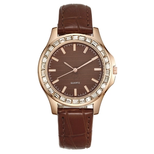 Damen Quarzuhr mit Roségold Diamant-Lünette und braunem Krokodillederarmband