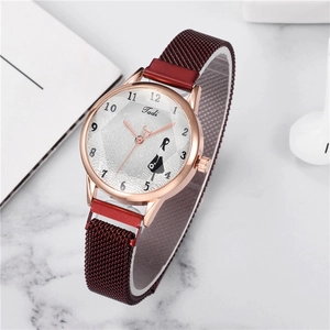 Fashion women's watch with burgundy Milanese mesh strap and creative girl pattern dial