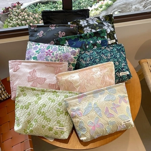 Women Jacquard Makeup Bag Large Capacity Floral Butterfly Embroidered Fabric Cosmetic Storage Travel Clutch Organizer Zipper