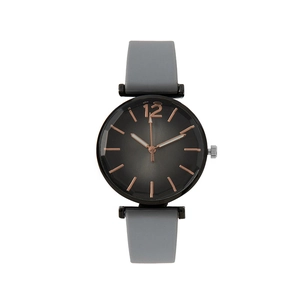 Macro shot of minimalist round grey dial watch with rose gold indices and grey strap