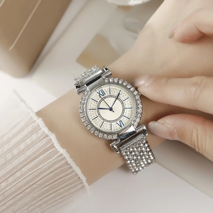 Luxury women's quartz watch with silver sparkling rhinestone steel band and round dial