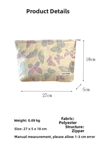 Polyester toiletry bag detail with butterfly embroidery and zipper closure dimensions