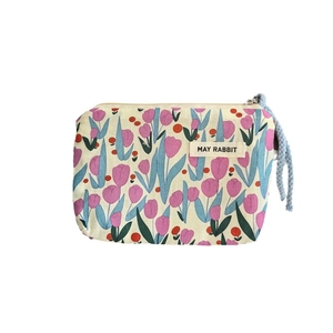 Floral cotton pouch with pink tulips and blue drawstring zipper on a white background