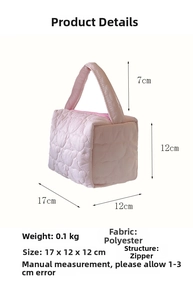 Pink heart-quilted polyester makeup bag with zipper closure and top handle, 17x12x12cm size