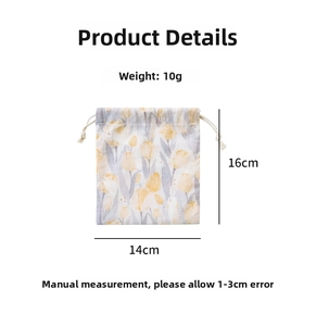 Detail of tulip floral canvas drawstring pouch showing size dimensions 14x16cm