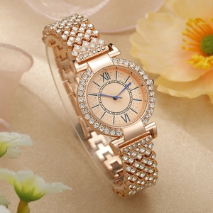 Luxury rose gold women watch with crystal starry steel strap and roman dial