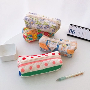 Quilted floral pencil cases with zipper for stationery and cosmetic storage in 4 patterns
