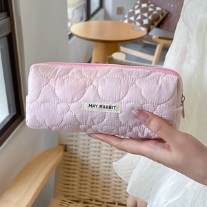 Pink heart quilted large capacity pencil case with May Rabbit label for students