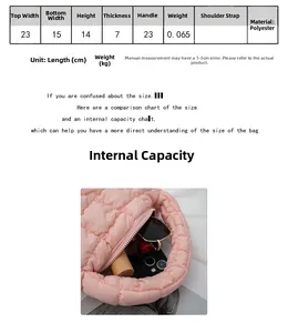 Tableau des tailles et capacité interne du sac à main matelassé rose en polyester