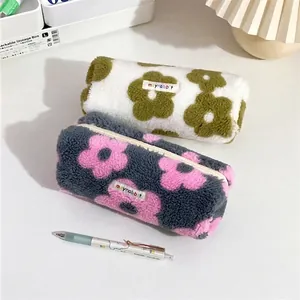 Floral plush pencil case made of lamb wool with zipper and colorful logo tag