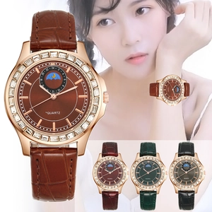 Montre à quartz élégante pour femme avec lunette en cristal et bracelet en cuir