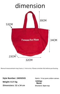 Detaillierte Maße der roten Famous For Pizza Tragetasche aus 14oz Baumwollcanvas