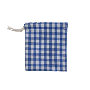 Blue and white gingham drawstring storage bag made of premium cotton fabric