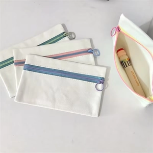 Canvas Zipper Pouch Portable Makeup Storage Bag Large Capacity Pencil Case Metal Ring Contrast Color Handheld Organizer