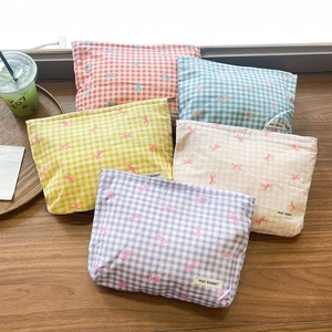Borsa Per Trucco In Cotone A Quadretti Organizzatore Cosmetico Stampa Fiocco Dolce Grande Capacità Pochette Con Cerniera