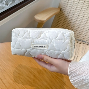 White heart-quilted stationery pouch with large capacity and May Rabbit woven label