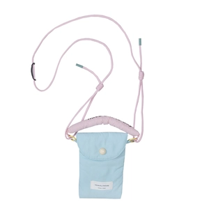 Minimalist light blue and pink crossbody phone bag with soft padded shoulder strap