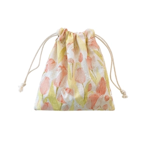 Minimalist canvas drawstring storage pouch featuring floral tulip prints and cotton ropes