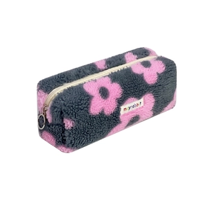 Cute plush flower pencil case with grey and pink floral pattern and zip closure