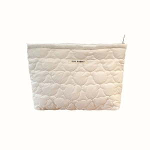 Quilted cream cosmetic bag with cute bear embroidery and May Rabbit woven label