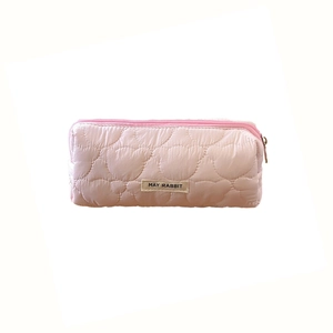 Pink quilted aesthetic pencil case with May Rabbit tag and large capacity storage