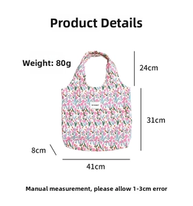 Sac fourre-tout en toile à motif de tulipes roses avec dimensions détaillées