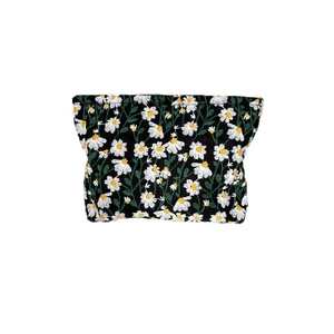 Floral daisy embroidered cosmetic bag in black, portable travel organizer with large capacity