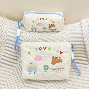 Quilted storage bag set with puppy embroidery, light blue zippers and matching lanyards