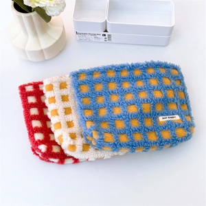 Checkerboard Plaid Cosmetic Bag Plush Large Capacity Travel Toiletry Organizer Portable Zipper Makeup Pouch Women