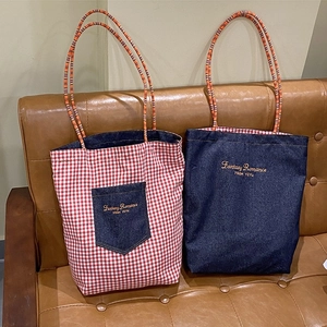 Borsa Tote Reversibile In Denim Gingham Ricamo Tasca Applicata Cinghie Intrecciate Borsa A Tracolla Casual