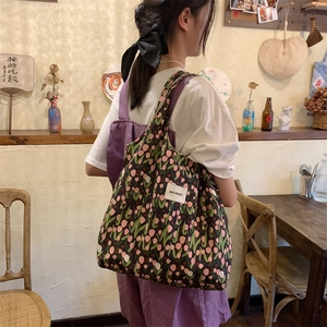 Sac fourre-tout en toile à motif floral tulipe pour femme avec grande capacité et style