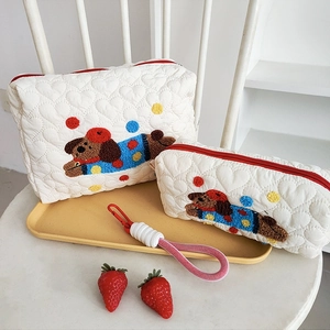 Heart Quilted Cosmetic Bag Cartoon Puppy Embroidery Storage Pouch Travel Makeup Organizer Kawaii Zipper Case With Wristlet