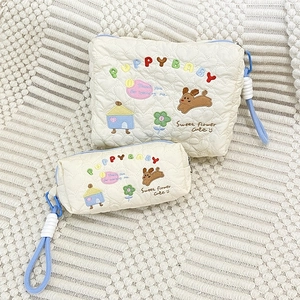 Cute Quilted Embroidery Storage Bag Makeup Bag Heart Pattern Cartoon Puppy Zipper Pouch For Students And Travel Professionals