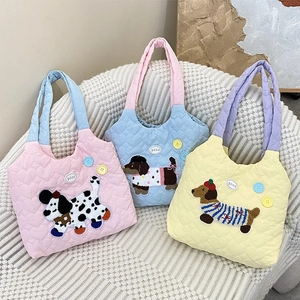 Quilted tote bags with cute cartoon dog patches and heart stitching for casual daily use
