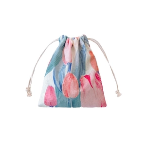 Floral tulip drawstring cotton canvas storage bag with double-sided cord closure