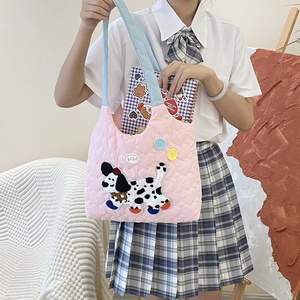 Pink quilted shoulder bag with cute dalmatian embroidery and blue soft handles