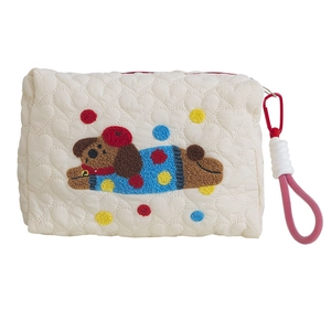 Quilted white cosmetic bag featuring a cute cartoon dog embroidery and red carabiner hook