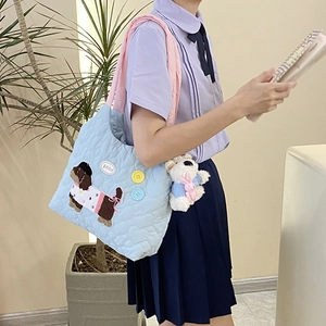 Quilted light blue shoulder bag with cute dog embroidery and white bear charm accessory