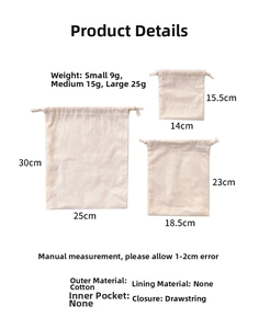 Size chart showing S, M, and L dimensions and weights for cotton drawstring storage bags