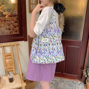 Sac À Épaule En Toile De Coton Pour Femmes Imprimé Tulipes Grande Capacité Sac À Main Décontracté Doux Et Pastoral