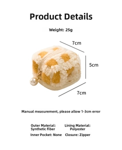Detail showing dimensions of yellow checkered plush pouch with pearl zipper and size info