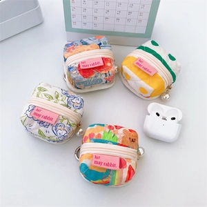 Mini Quilted Cotton Coin Purse Zipper Wireless Earphone Case Bag With Artificial Pearl Pendant Cute Floral Polka Dot Cartoon Print