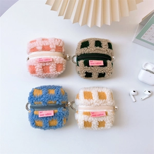 Cute waffle plush earphone cases in various checkered colors with pearl metal hooks