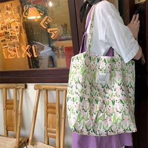 Grand sac cabas en toile avec motif tulipes roses et longues bandoulières pour femme