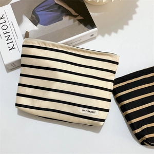 Large striped satin makeup bag for women, portable travel toiletry pouch in beige and black