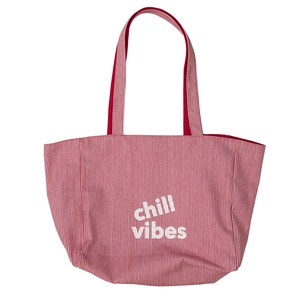 Große rot-weiß gestreifte Canvas-Tragetasche mit Chill-Vibes-Schriftzug für den Sommer
